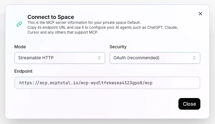The Connect to Space pop-up shows the streamable HTTP mode and OAuth security options selected, and the resulting endpoint displayed. The cursor hovers over the copy endpoint icon.