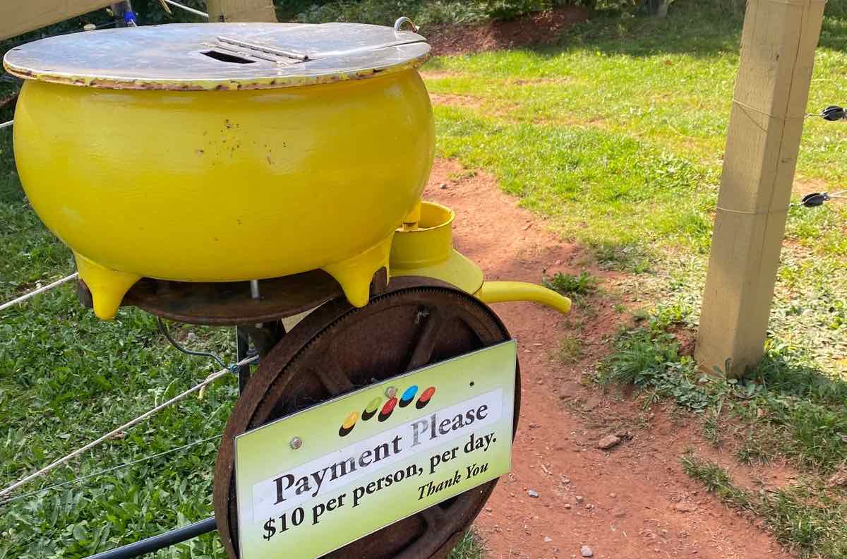 A yellow pot with a sign under it asking people to pay fees into it