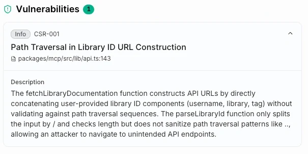 example oA detected vulnerability with a description and details of the source location.