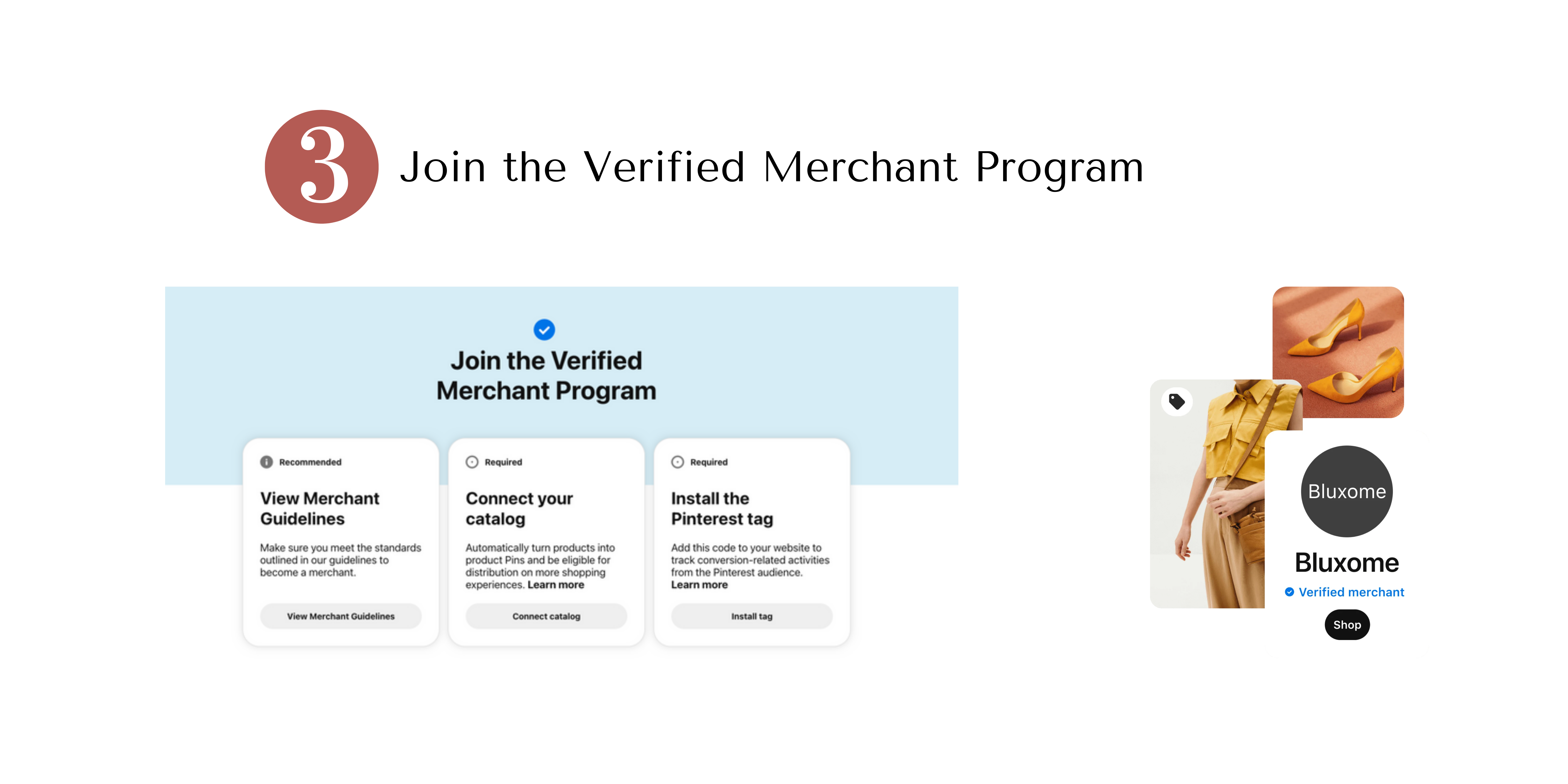 Screenshots of how to join the verified merchant program on Pinterest