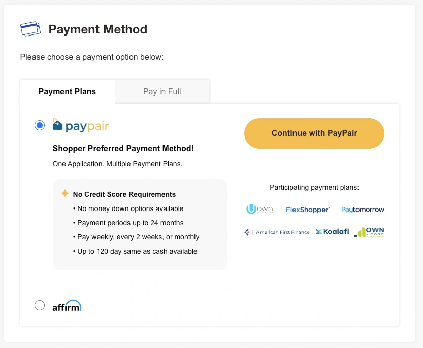 tire agent offers a number of payment options through its paypair program