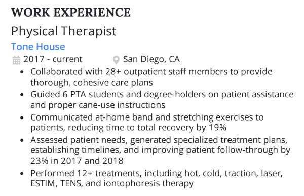 Work experience bullet points for PT resume