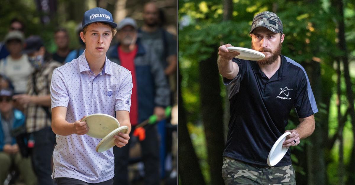 Two photos of young men lining up putts with discs in their hands