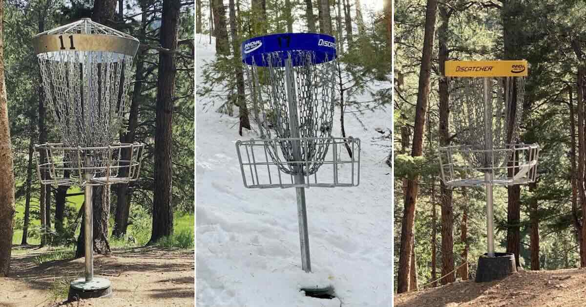Three disc golf baskets in three different pictures
