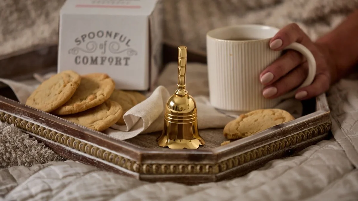 Close-up of a cozy bedside tray featuring a gold bedside bell, a white ceramic mug held by a hand, cookies, and Spoonful of Comfort packaging, surrounded by soft blankets.