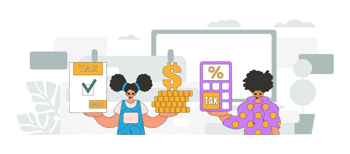 Two cartoon characters handling tax documents and calculators, depicting tax calculation and financial planning.