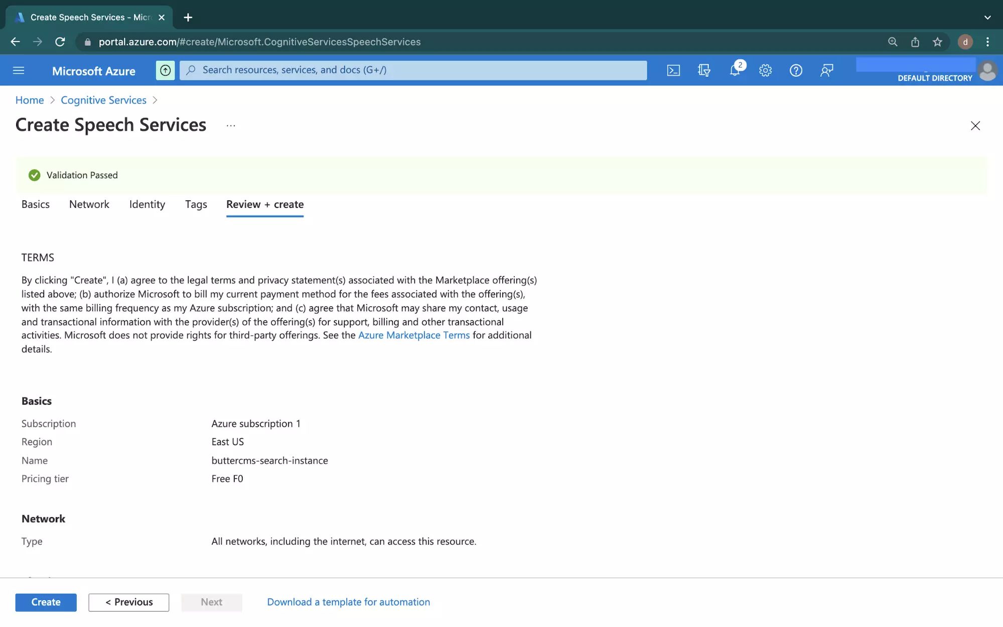 Screenshot of Microsoft Azure create speech services