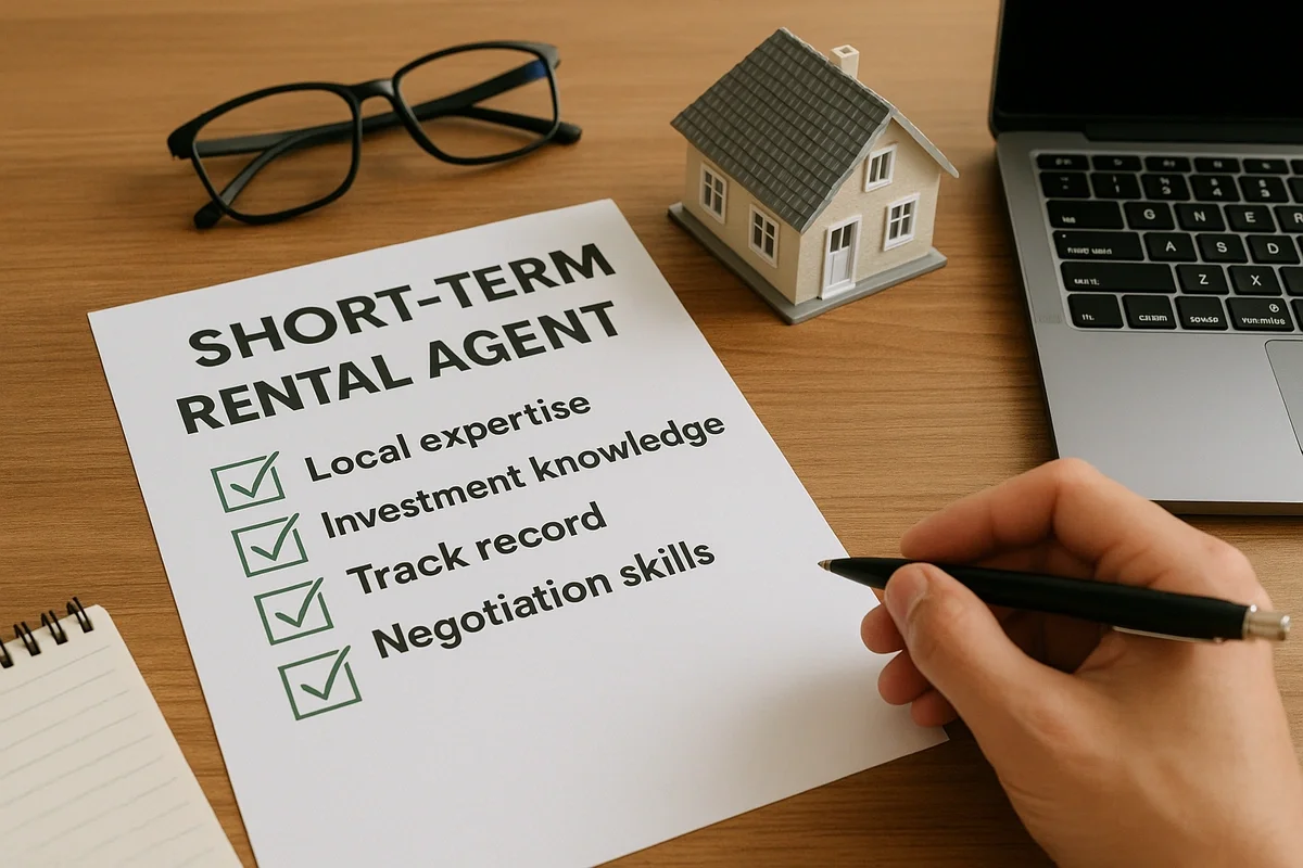 A flat-style illustration of a desk with a house model, laptop, notebook, and checklist representing how to find the best short-term rental real estate agents.