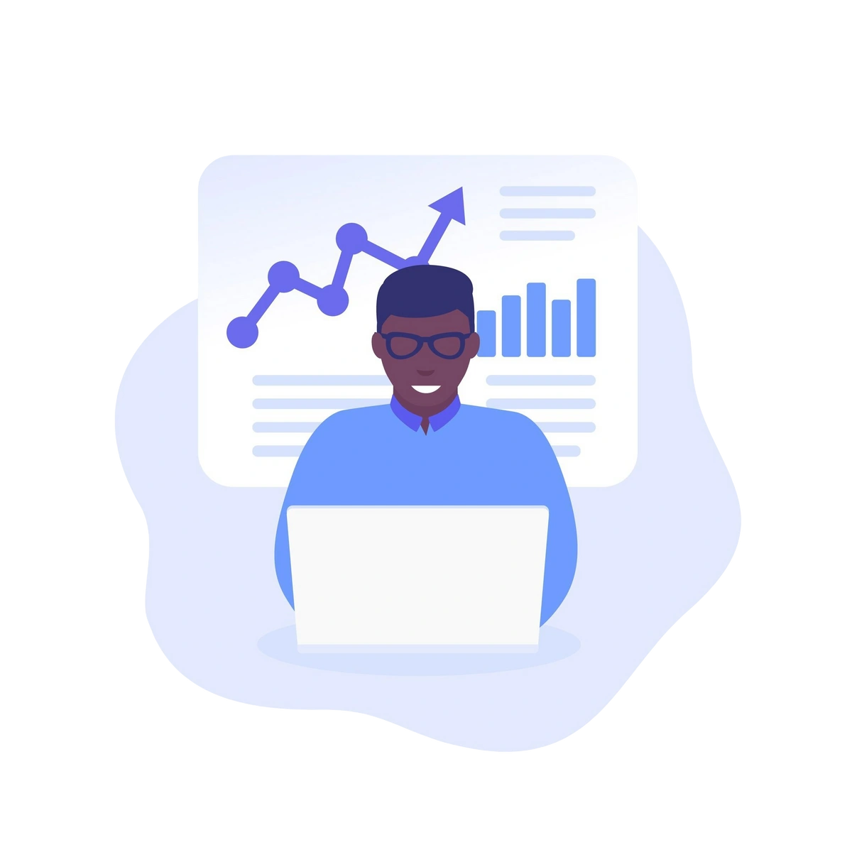 Data analyst working on a laptop with charts and graphs in the background using Jira.