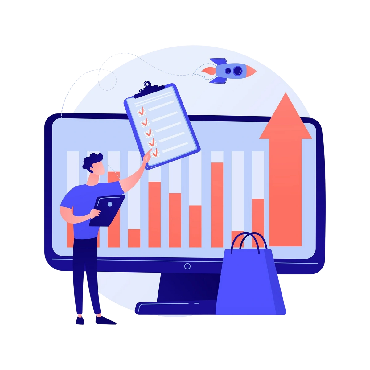 Person presenting checklist on screen with charts and upward arrow, representing performance tracking and business growth.