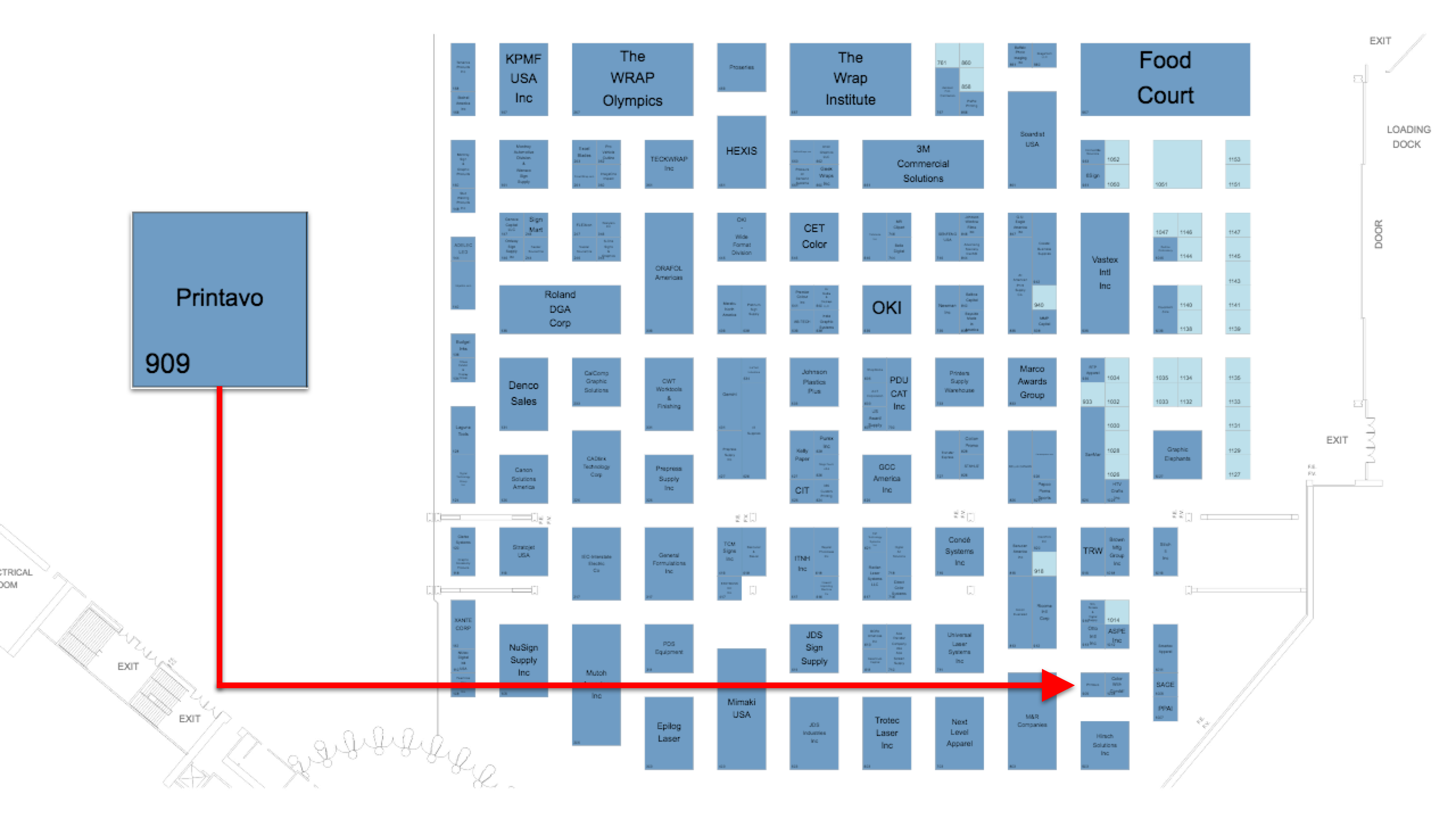 NBM Long Beach 2019 trade show floor plan with a map to Printavo's booth.