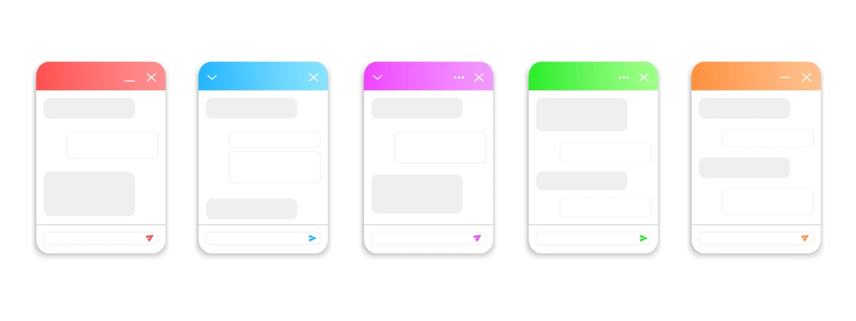 Colorful browser window templates highlighting user interface design and navigation.