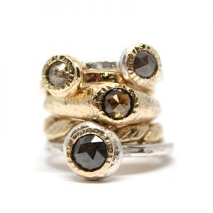Samantha Skelton: Rosecut Diamond, 14kt yellow and white gold rings