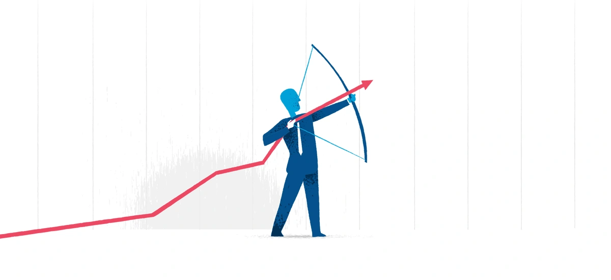 A stylized illustration of a figure in a suit drawing a bow and arrow, with the arrow merging into an upward trending graph line, symbolizing target-driven growth or aiming for financial success.