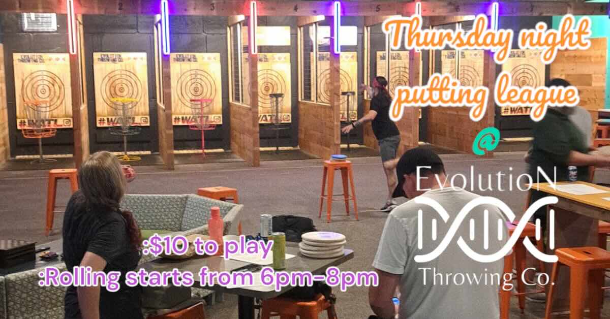 Image of disc golf baskets set up in an area usually for axe throwing with advertisements for a putting league written over it