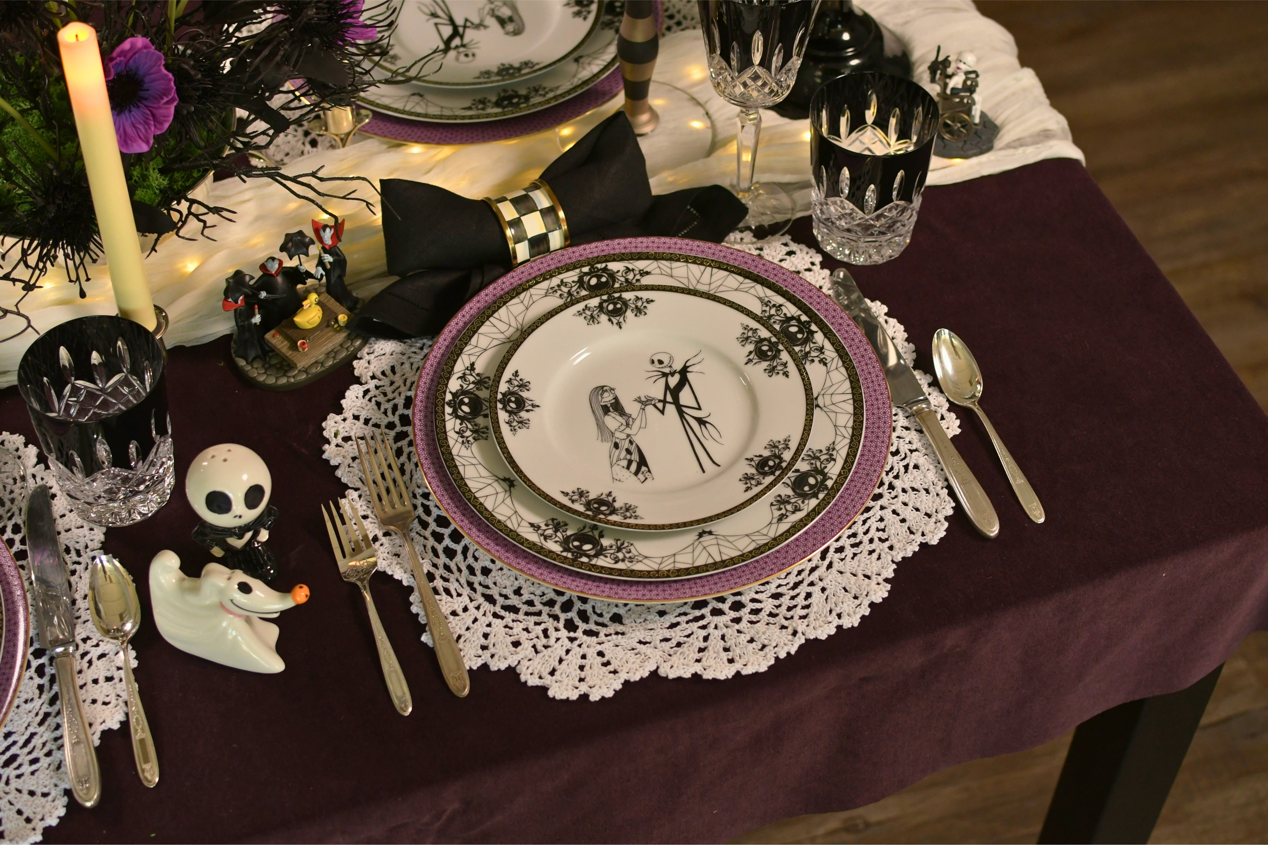Halloween tablescape featuring pieces from Waterford, Zrike, and Department 56