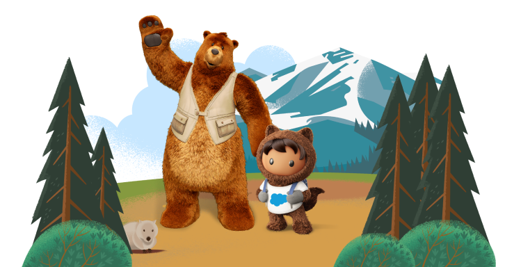 Codey waving and Astro wearing his backpack in the forest