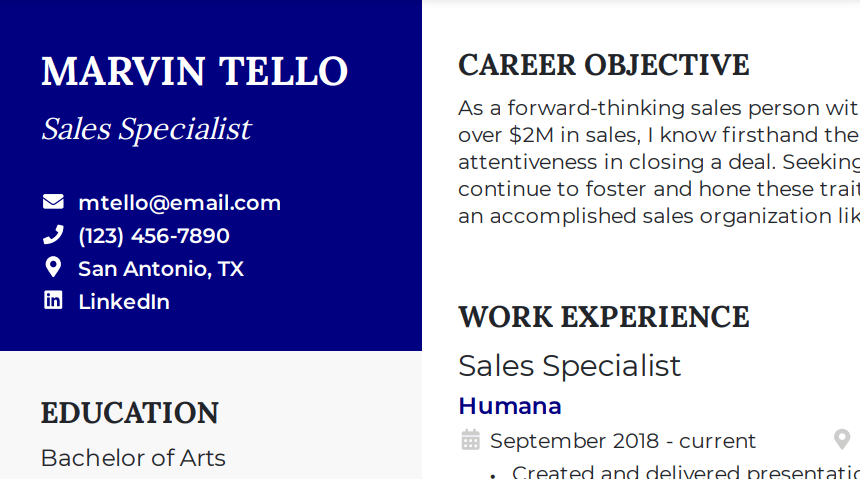 Sales resume contact header with blue accent color