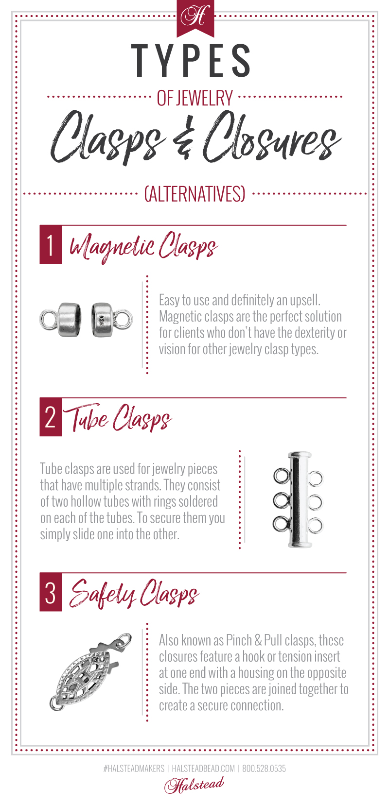 Types of Clasps & Closures Infographic: Magnetic Clasps, Tube Clasps, Safety Clasps