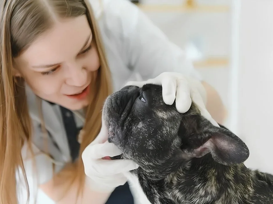 veterinarian examining French Bulldog face during respiratory and stenotic nares assessment