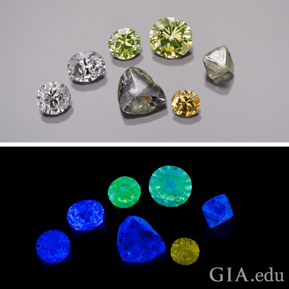 Diamonds with green, blue, and yellow fluorescence viewed under normal light and black light