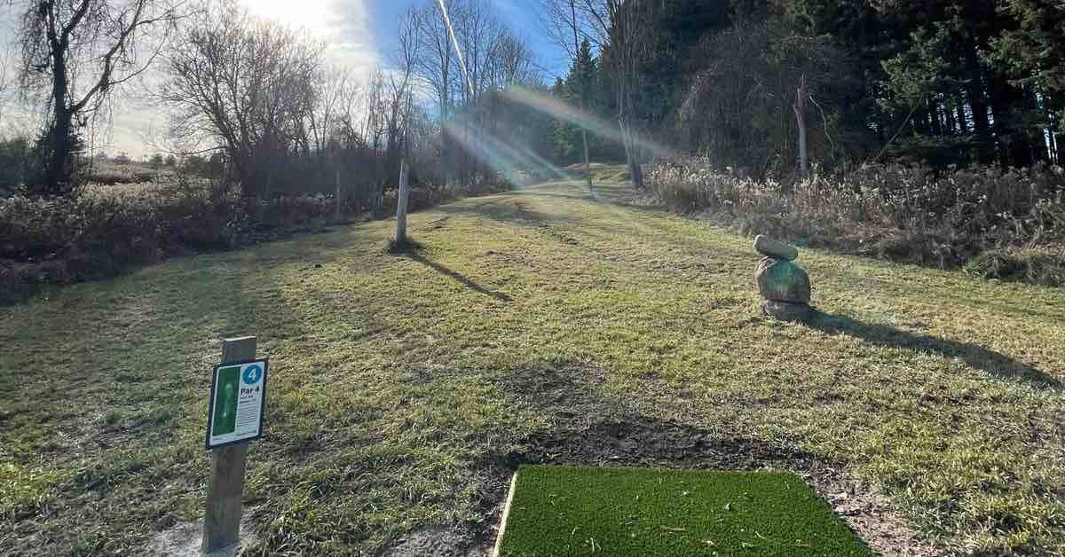A turf disc golf tee pad on a sunny day in winter or late fall