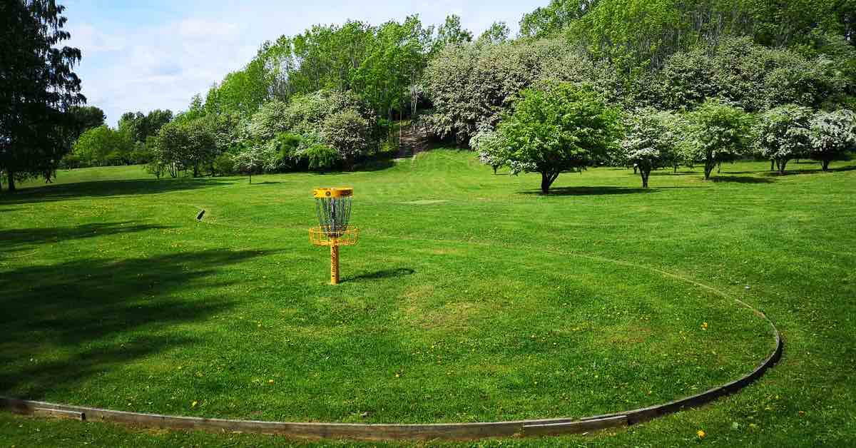 A disc golf basket with a green surrounded by a low barrier of wood. Tree-covered hill in the background