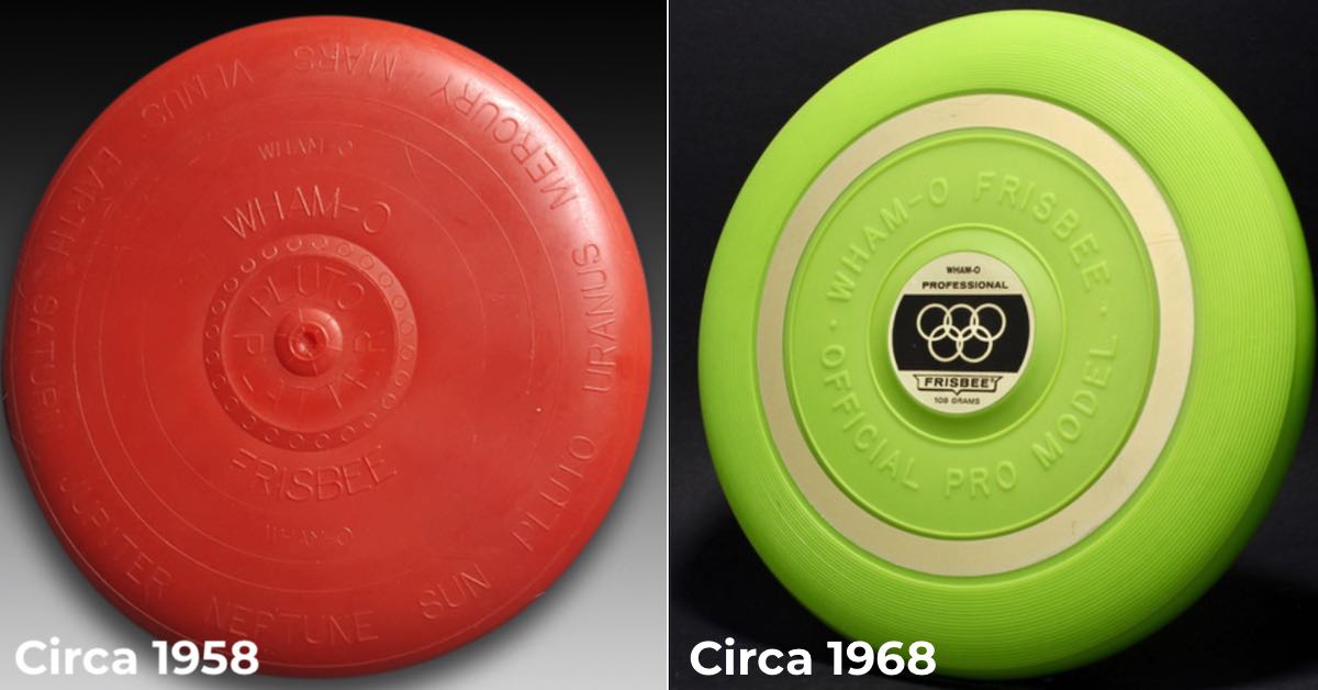Two Frisbees, one older, orange-ish Flying Saucer and another geen Pro model