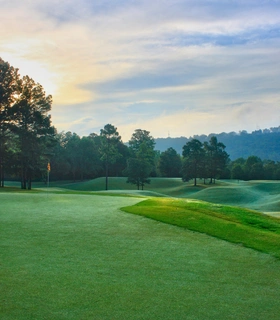 Sunrise at a golf course with forest background