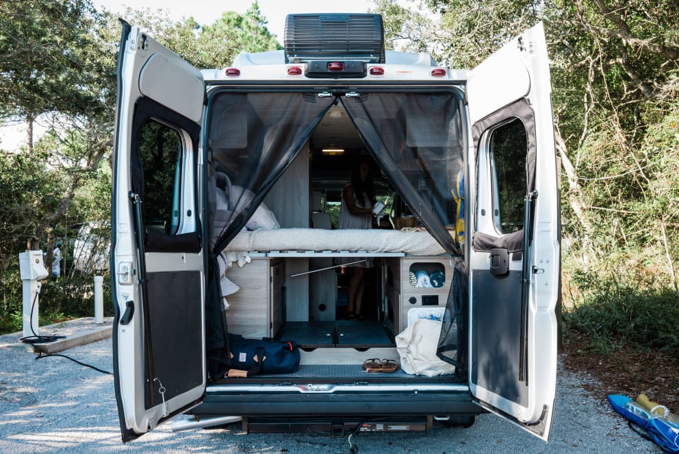 exterior shot of bed in the winnebago solis rv