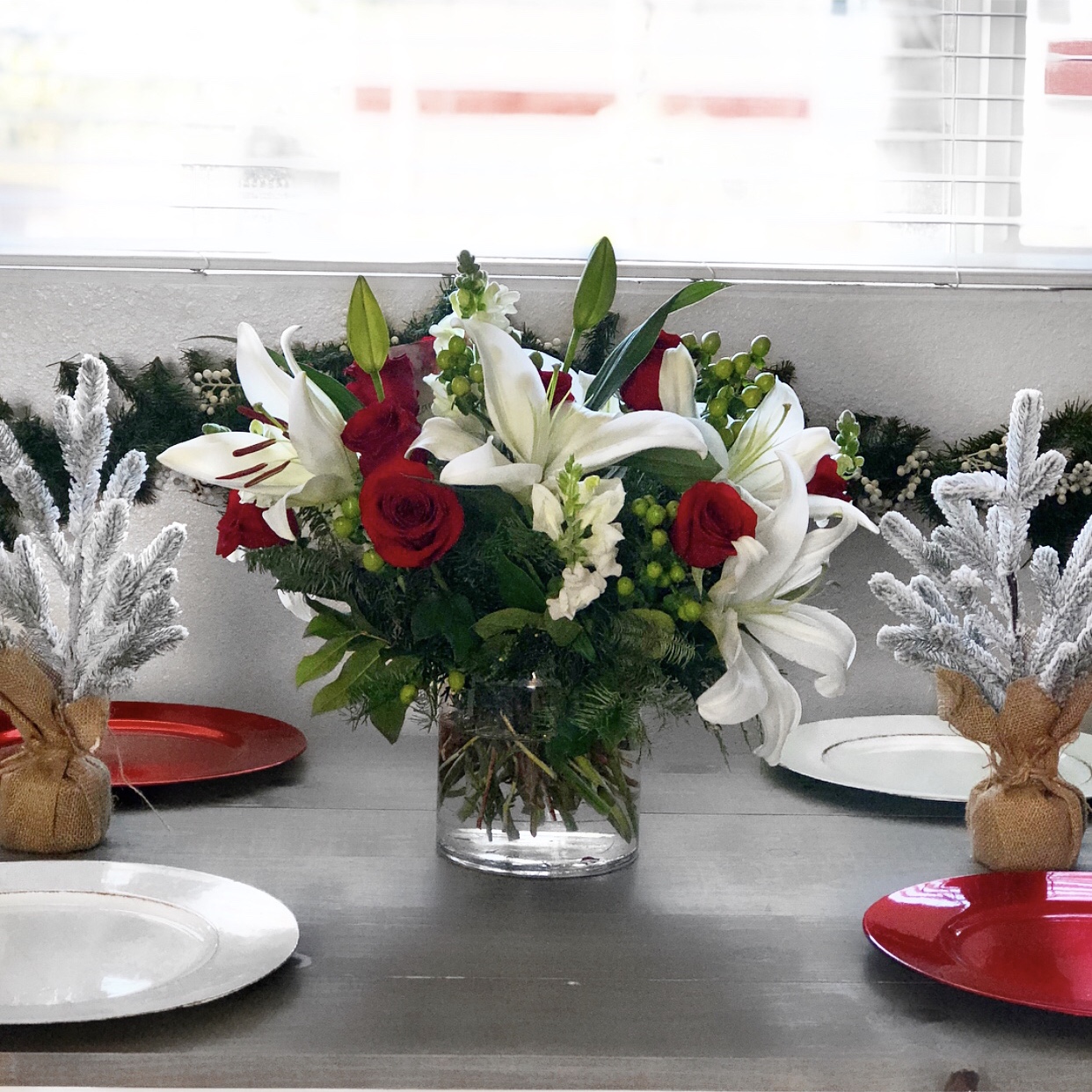 Modern Christmas Flower Centerpiece in a Circular Vase