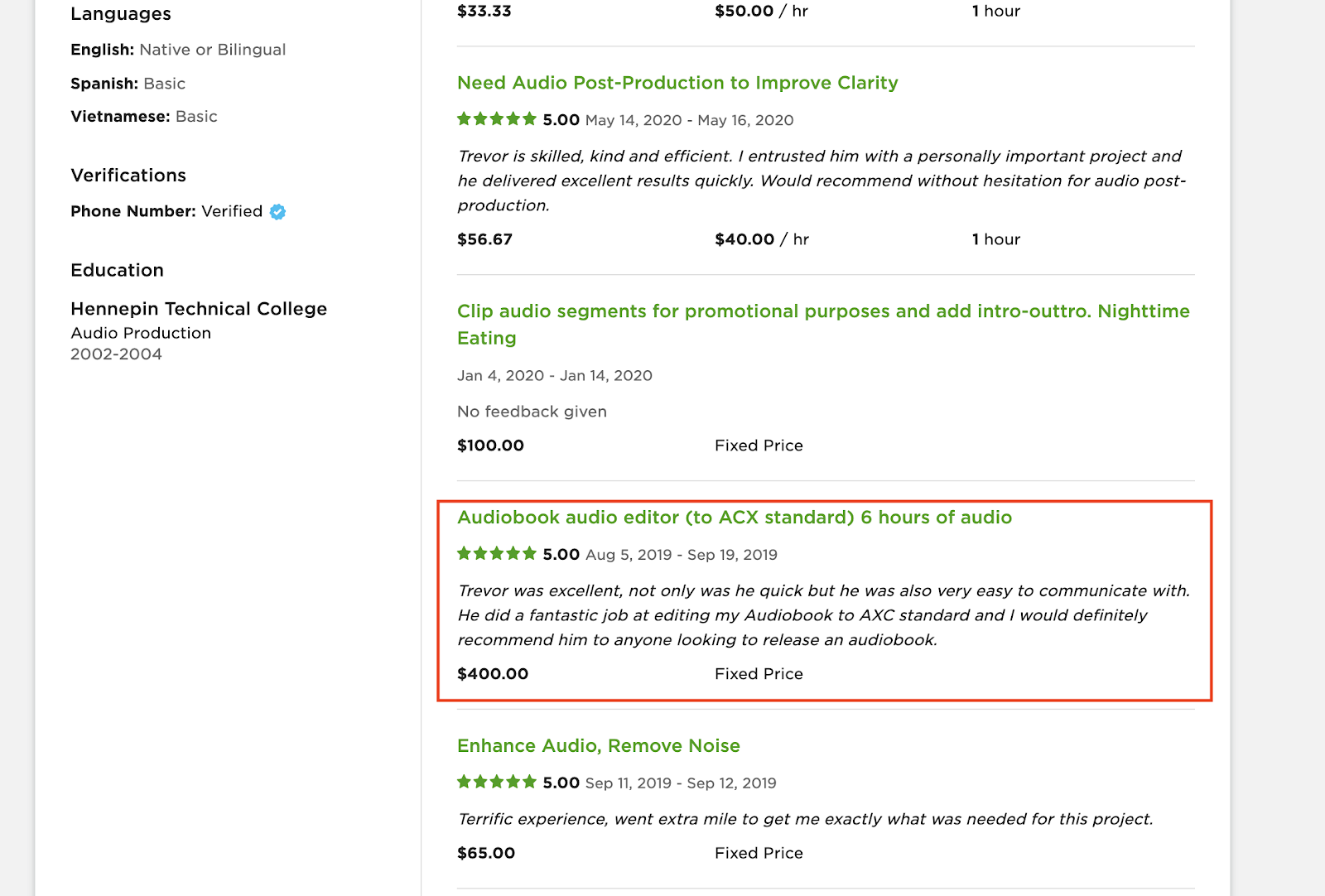 Reviews, ratings, and rates for an audiobook producer on UpWork