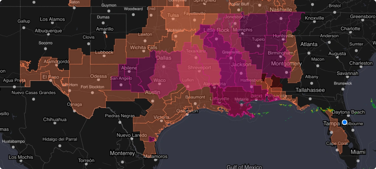 Data displayed on a map of the southern United States of America