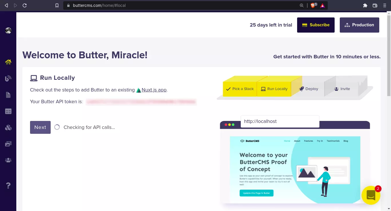 ButterCMS omboarding sequence. Step two: Run locally. 