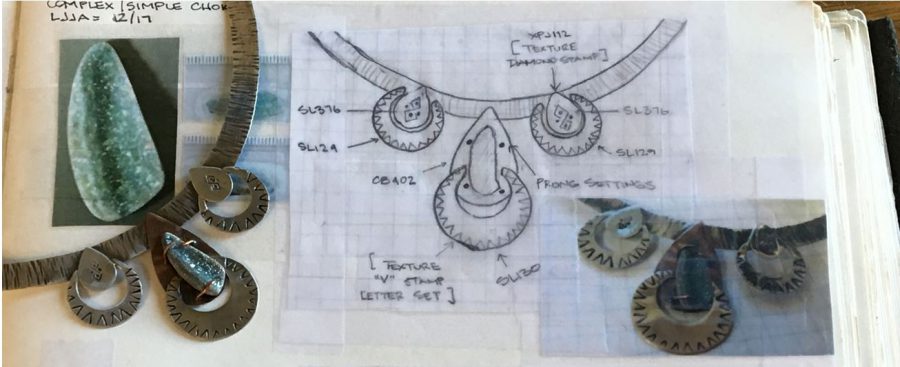 Sketch of jewelry design with finished piece