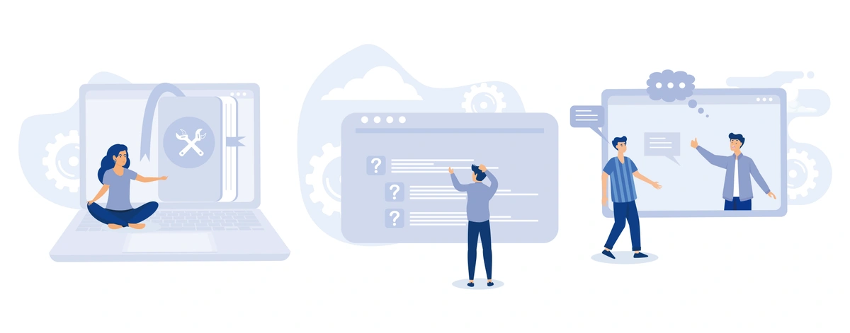 Illustration of three people interacting with digital screens, representing technical support and IT service management.