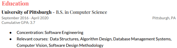 Entry level software engineer education on resume