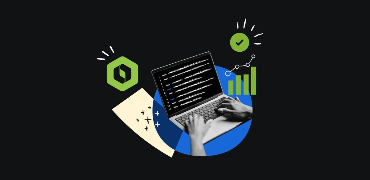 Illustration of hands typing on a laptop with code on screen, surrounded by icons for testing and performance metrics.