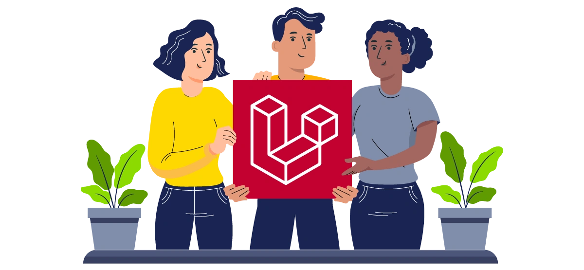 A group of developers holding a Laravel logo