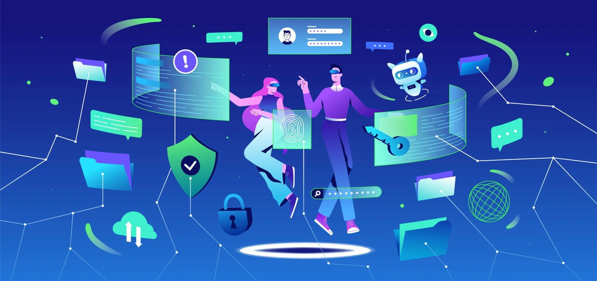 A dynamic and colorful illustration of two figures in a virtual space with digital interfaces, security symbols, and a friendly robot, representing futuristic online interaction and cybersecurity.