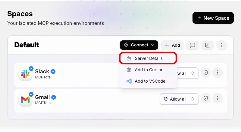 An MCPTotal space shows the connect drop-down menu open with the server details option highlighted.