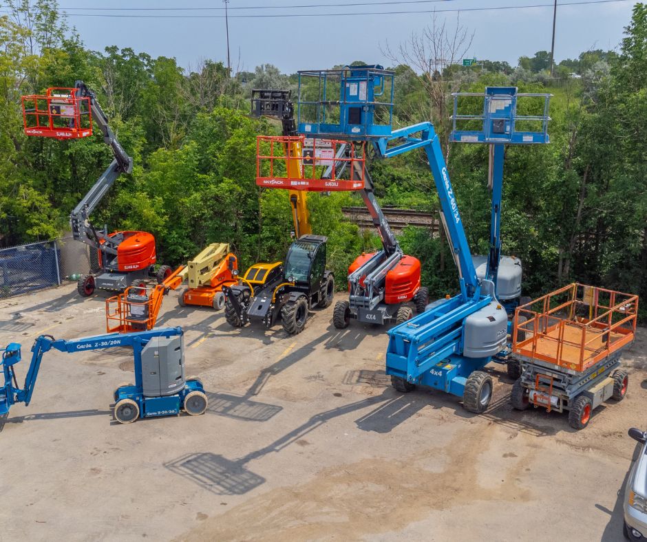 A yard of articulating, telescopic, and scissor lifts