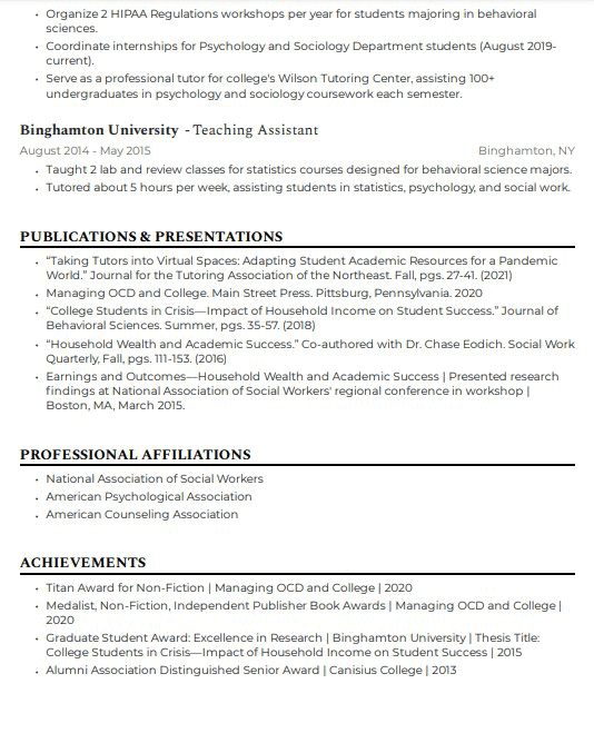 Academia CV with publications, presentations, affiliations, and achievements