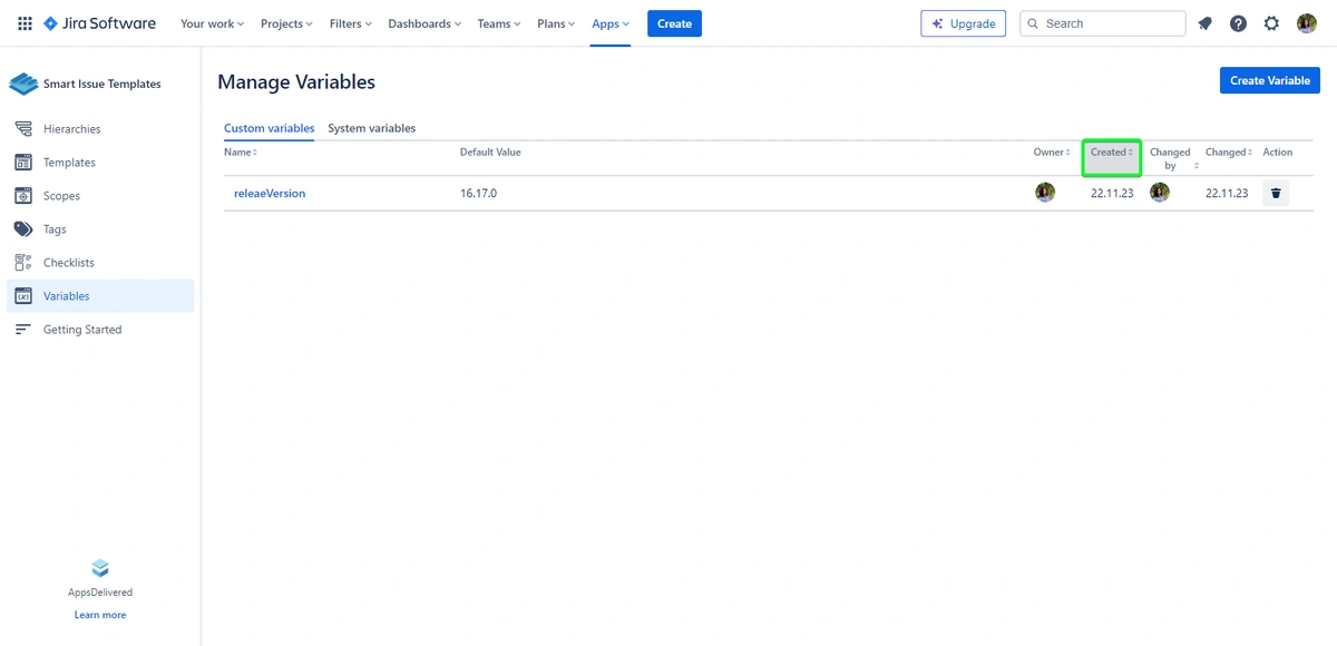 Screenshot of the 'Manage Variables' page in Jira Software, displaying a list of custom and system variables for use within templates.