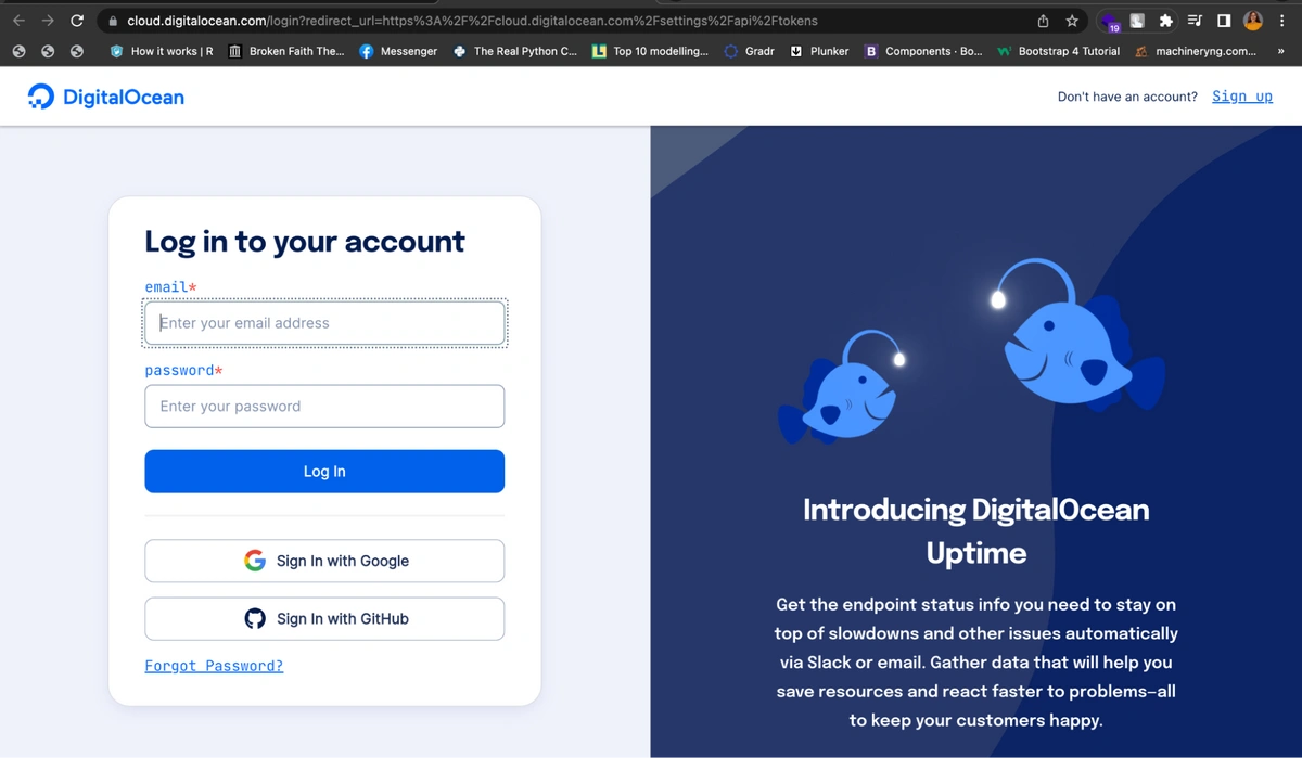 Digital Ocean login page