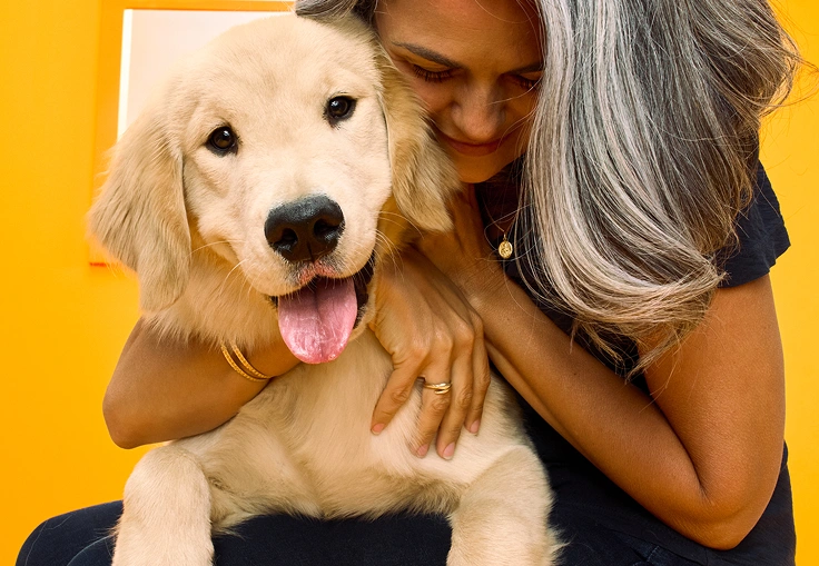 A person with gray hair hugging her Golden puppy