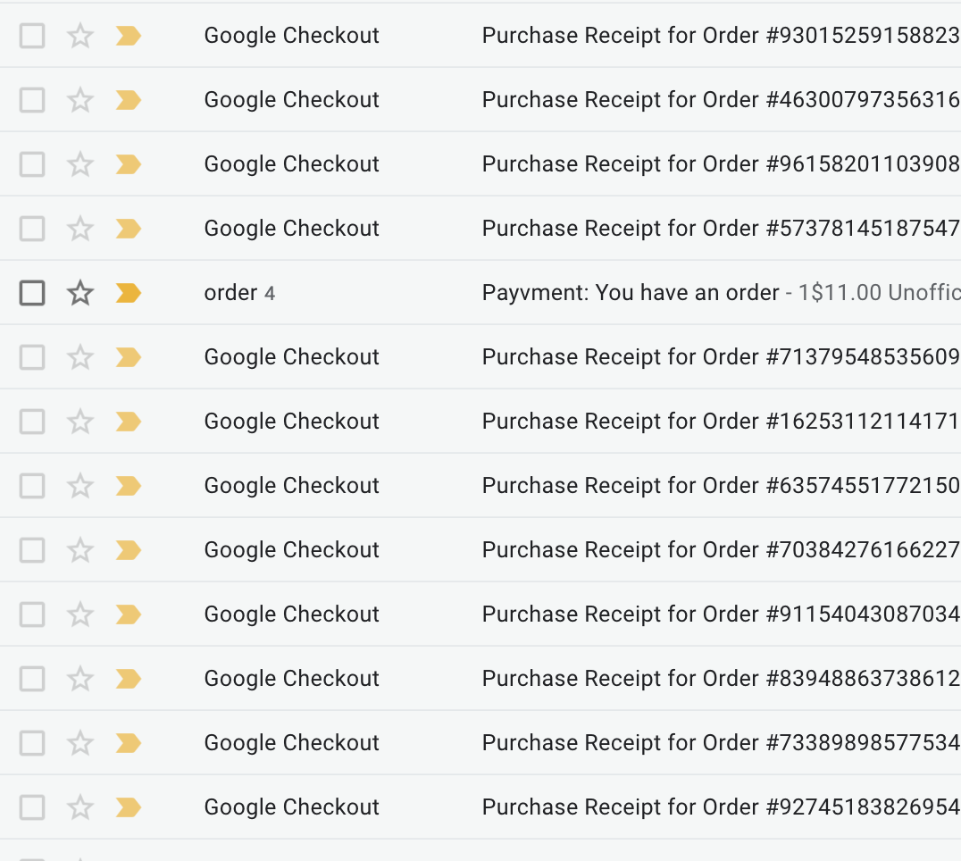 A GMail inbox flooded with custom t-shirt orders.