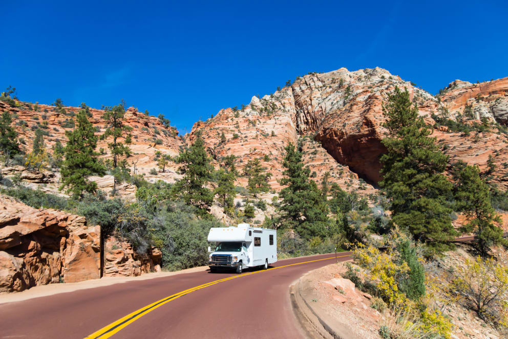 rv driving on the road in zion utah