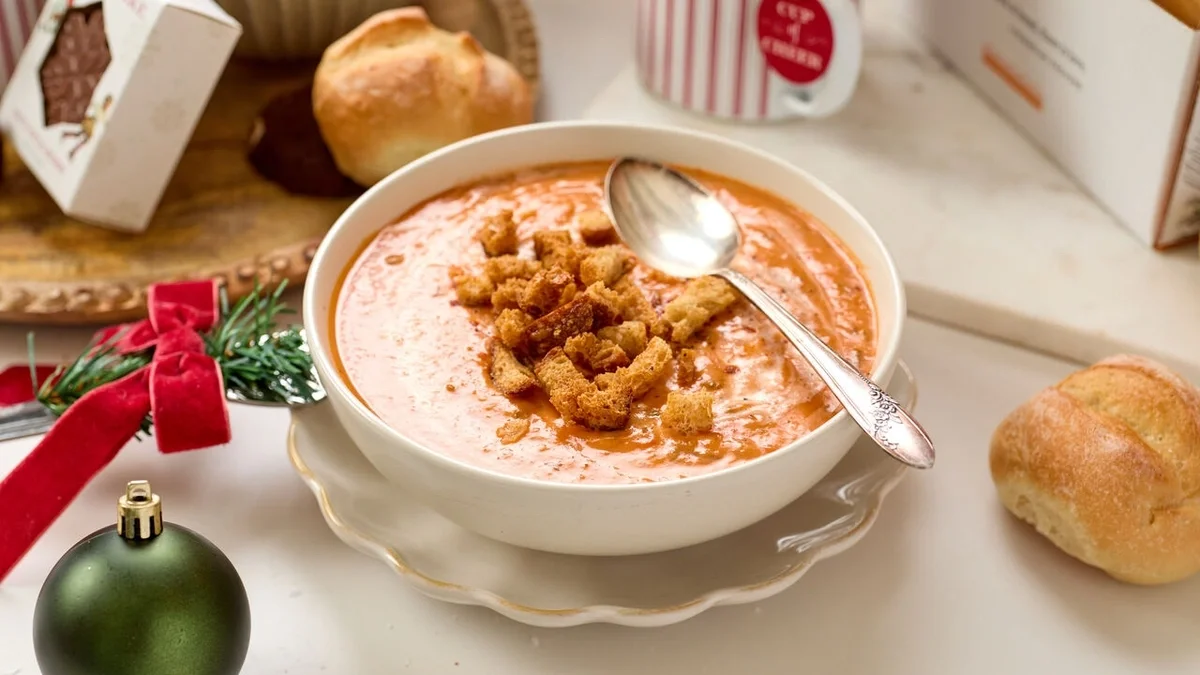 Close-up of a bowl of creamy tomato soup topped with seasoned croutons, surrounded by fresh rolls and festive holiday accents, including a red ribbon, greenery, and a green ornament.