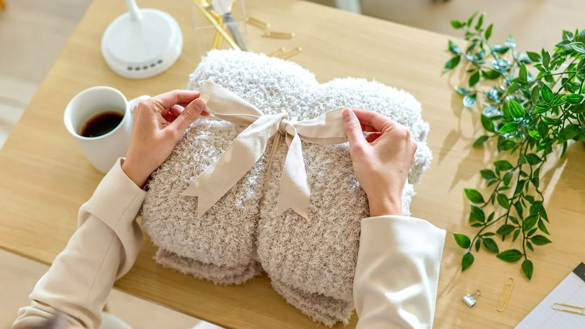 Overhead view of hands tying the ribbon on a cozy plush throw blanket, with a mug of coffee and a potted plant on a wooden desk nearby.
